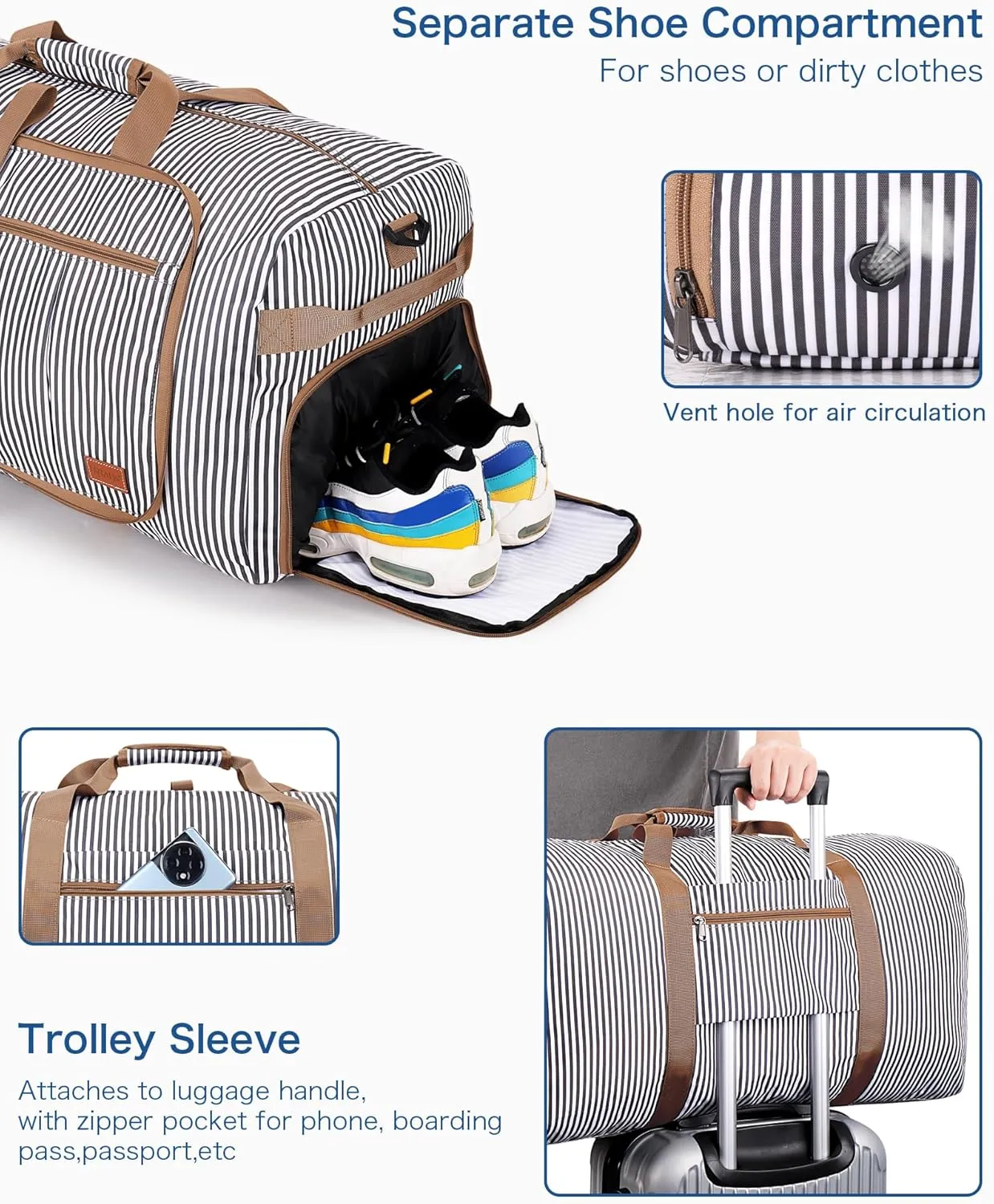 100L Travel Duffle Bag for Men, Urtala 32 Large Duffle Bag for Traveling with Shoe Compartment, Foldable Travel Duffel Bag Weekender Bag Gym Bag for Men Women Water & Tear Resistant (Stripe, 100L)