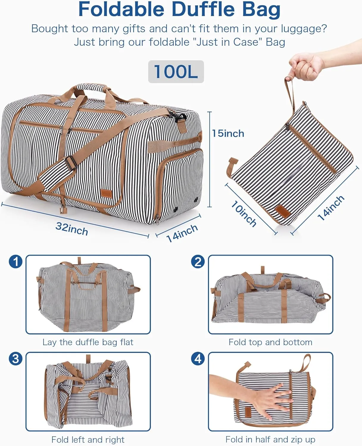 100L Travel Duffle Bag for Men, Urtala 32 Large Duffle Bag for Traveling with Shoe Compartment, Foldable Travel Duffel Bag Weekender Bag Gym Bag for Men Women Water & Tear Resistant (Stripe, 100L)
