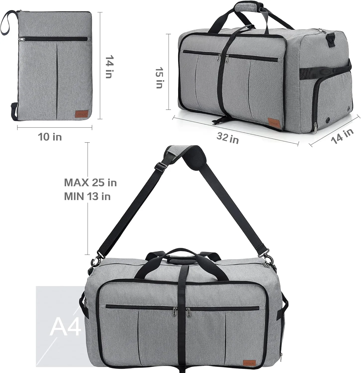 100L Travel Duffle Bag for Men, Urtala 32 Large Duffle Bag for Traveling with Shoe Compartment, Foldable Travel Duffel Bag Weekender Bag Gym Bag for Men Women Waterproof & Tear Resistant (Gray)
