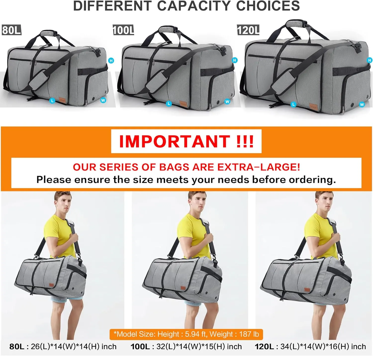 100L Travel Duffle Bag for Men, Urtala 32 Large Duffle Bag for Traveling with Shoe Compartment, Foldable Travel Duffel Bag Weekender Bag Gym Bag for Men Women Waterproof & Tear Resistant (Gray)