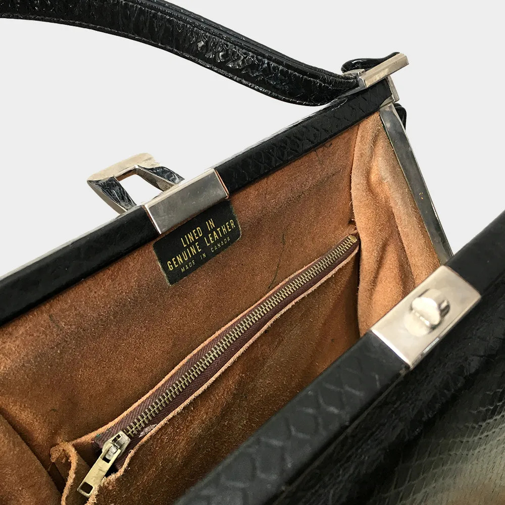 1960s Structured Black Leather Top Handle Handbag Purse