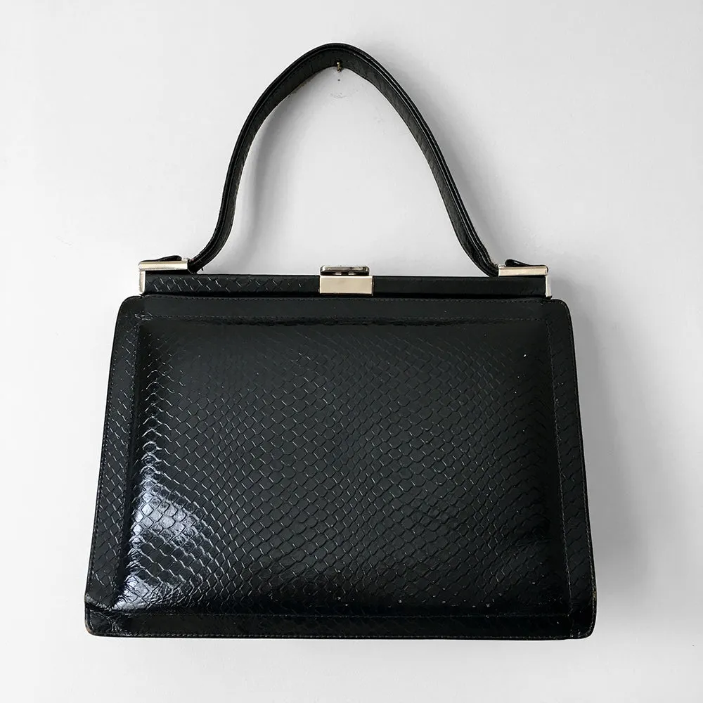 1960s Structured Black Leather Top Handle Handbag Purse