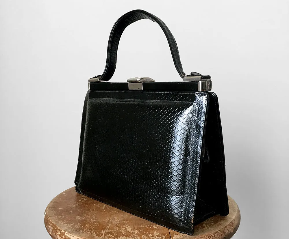 1960s Structured Black Leather Top Handle Handbag Purse