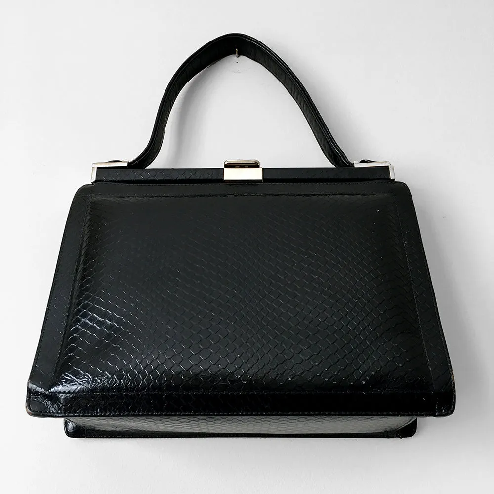 1960s Structured Black Leather Top Handle Handbag Purse