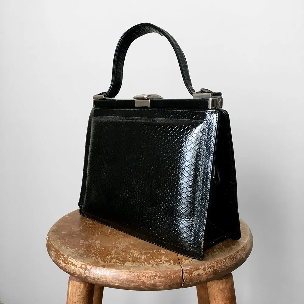 1960s Structured Black Leather Top Handle Handbag Purse