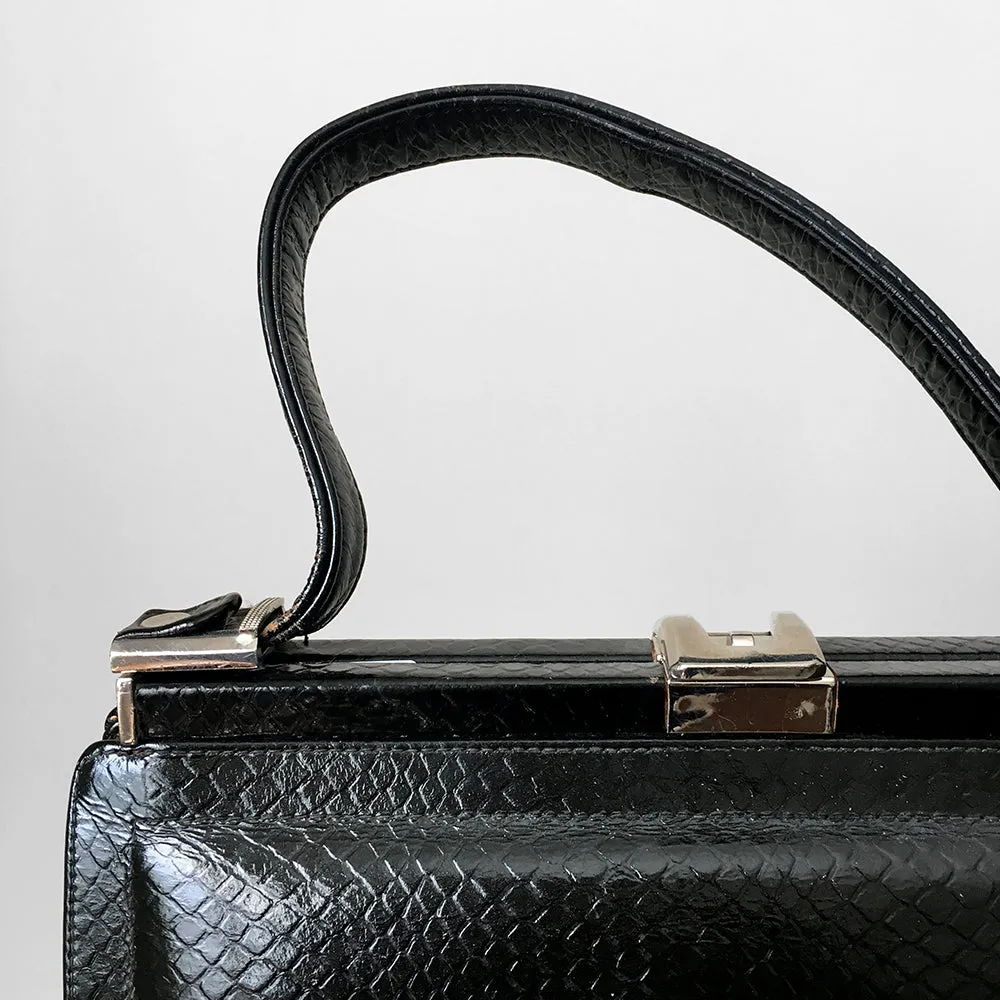 1960s Structured Black Leather Top Handle Handbag Purse