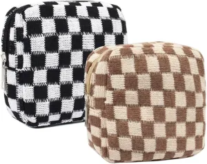2 Pieces Makeup Bag Small, Mini Checkered Make Up Bag Travel Cute Cosmetic Bags for Women Preppy Makeup Pouch for Purse Zipper Makeup Organizer Case Period Bag Sanitary Napkin Storage Bag for Girls