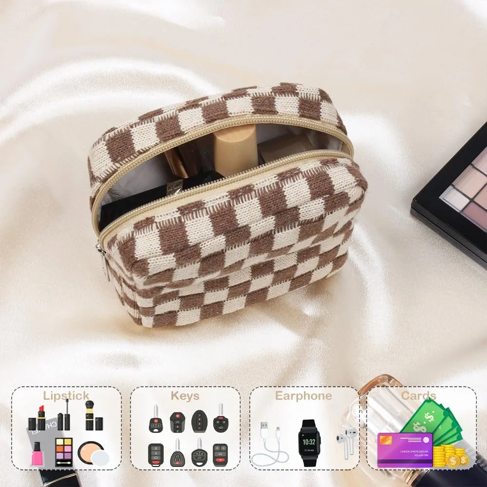 2 Pieces Makeup Bag Small, Mini Checkered Make Up Bag Travel Cute Cosmetic Bags for Women Preppy Makeup Pouch for Purse Zipper Makeup Organizer Case Period Bag Sanitary Napkin Storage Bag for Girls
