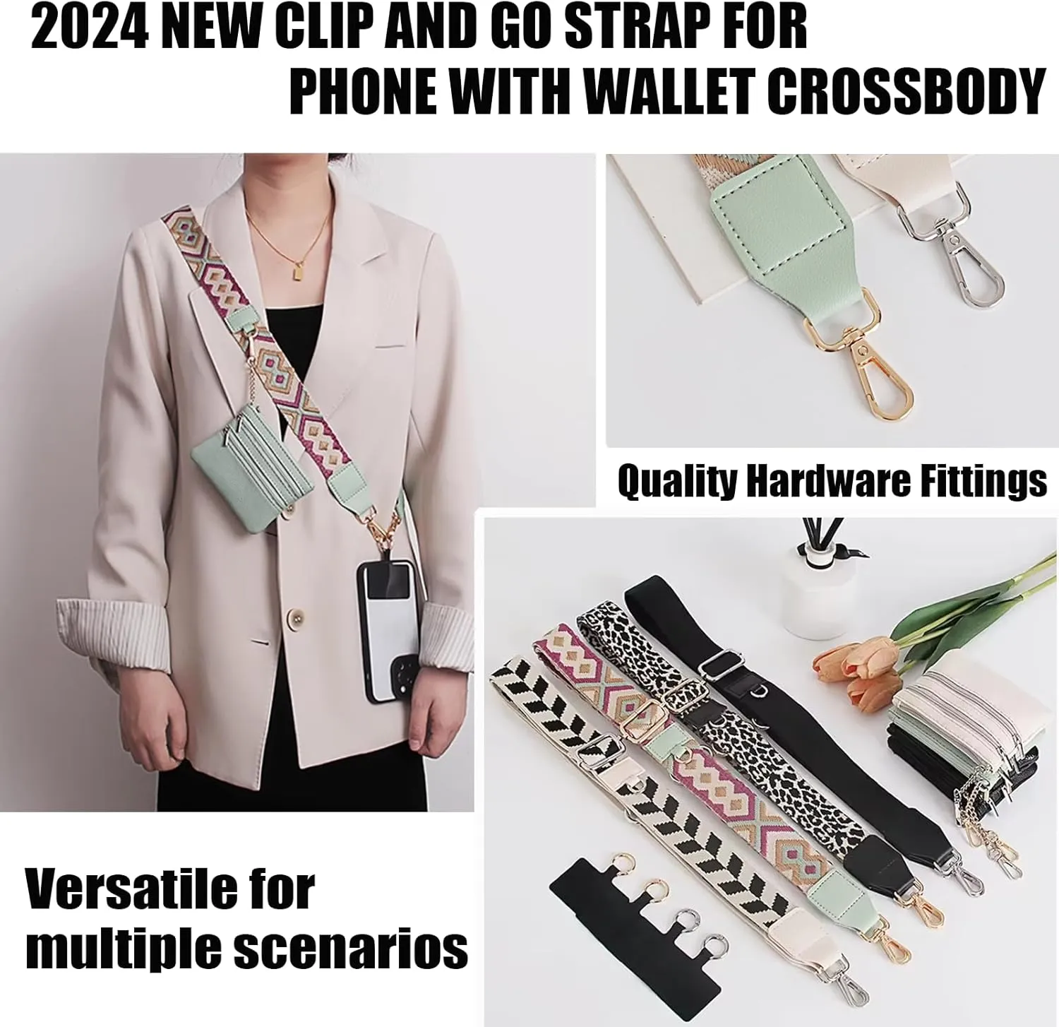 2025 New Phone Strap with Zippered Pouch,Clip and Go Strap for Phone with Wallet Crossbody,Travel Bag with Adjustable Straps for Casual (B-1P)