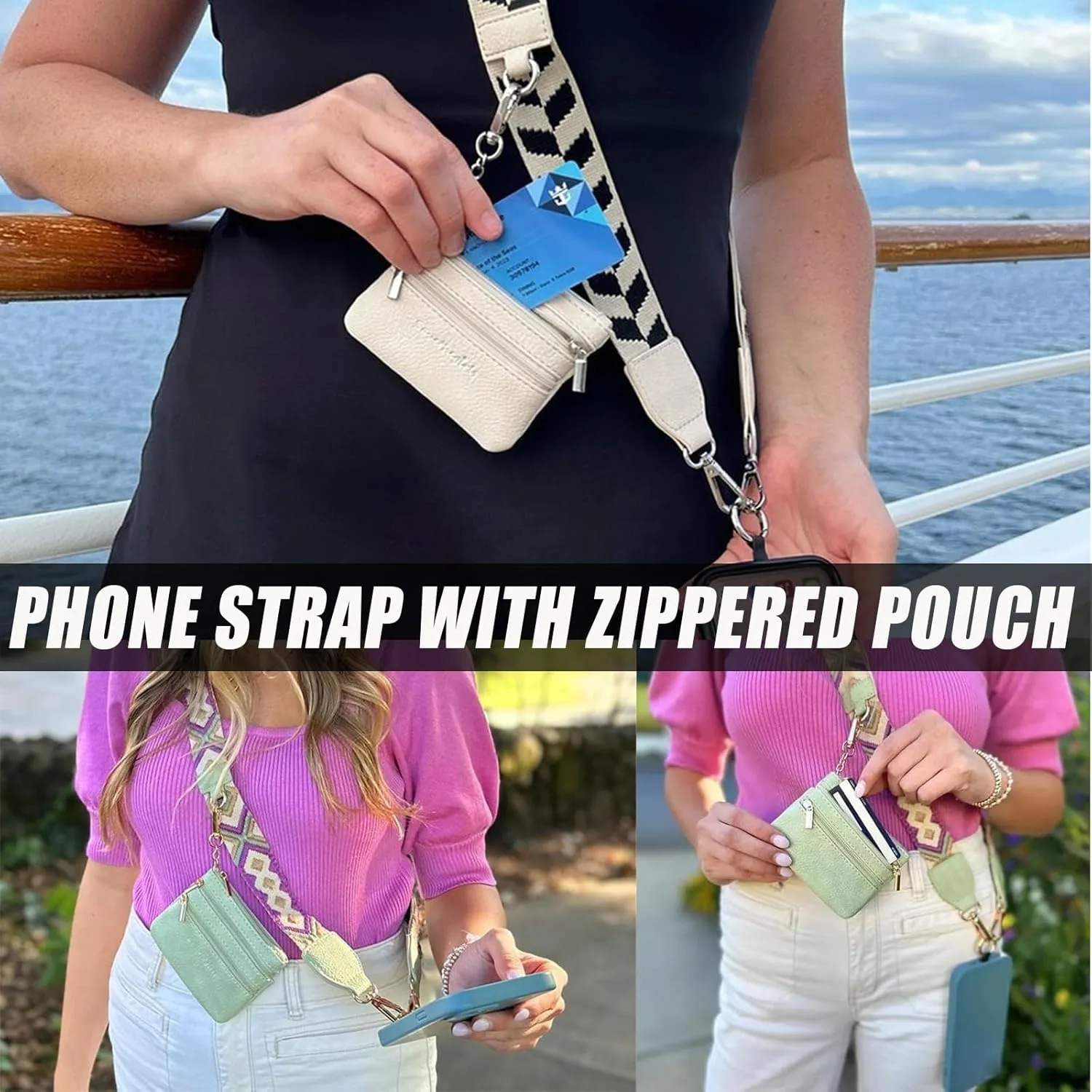 2025 New Phone Strap with Zippered Pouch,Clip and Go Strap for Phone with Wallet Crossbody,Travel Bag with Adjustable Straps for Casual (B-1P)