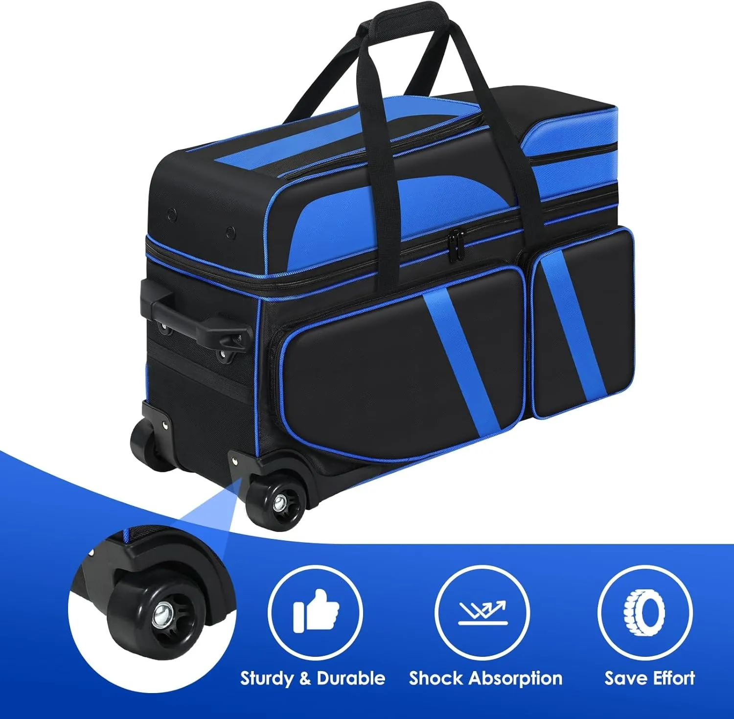3 Ball Bowling Bags With Wheels, Bowling Bag With Shoes Compartment And Multiple Pockets, Roller With Retractable Handle Extends to 41.5
