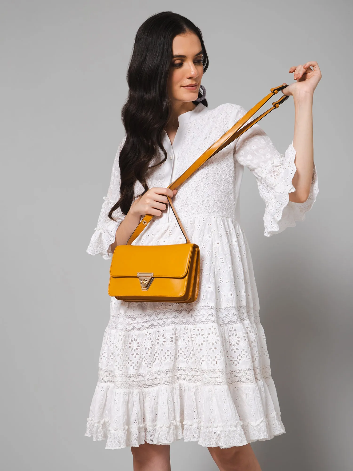 Berrylush Women Solid Yellow PU One-Handle Push Lock Embellished Shoulder/Sling Bag