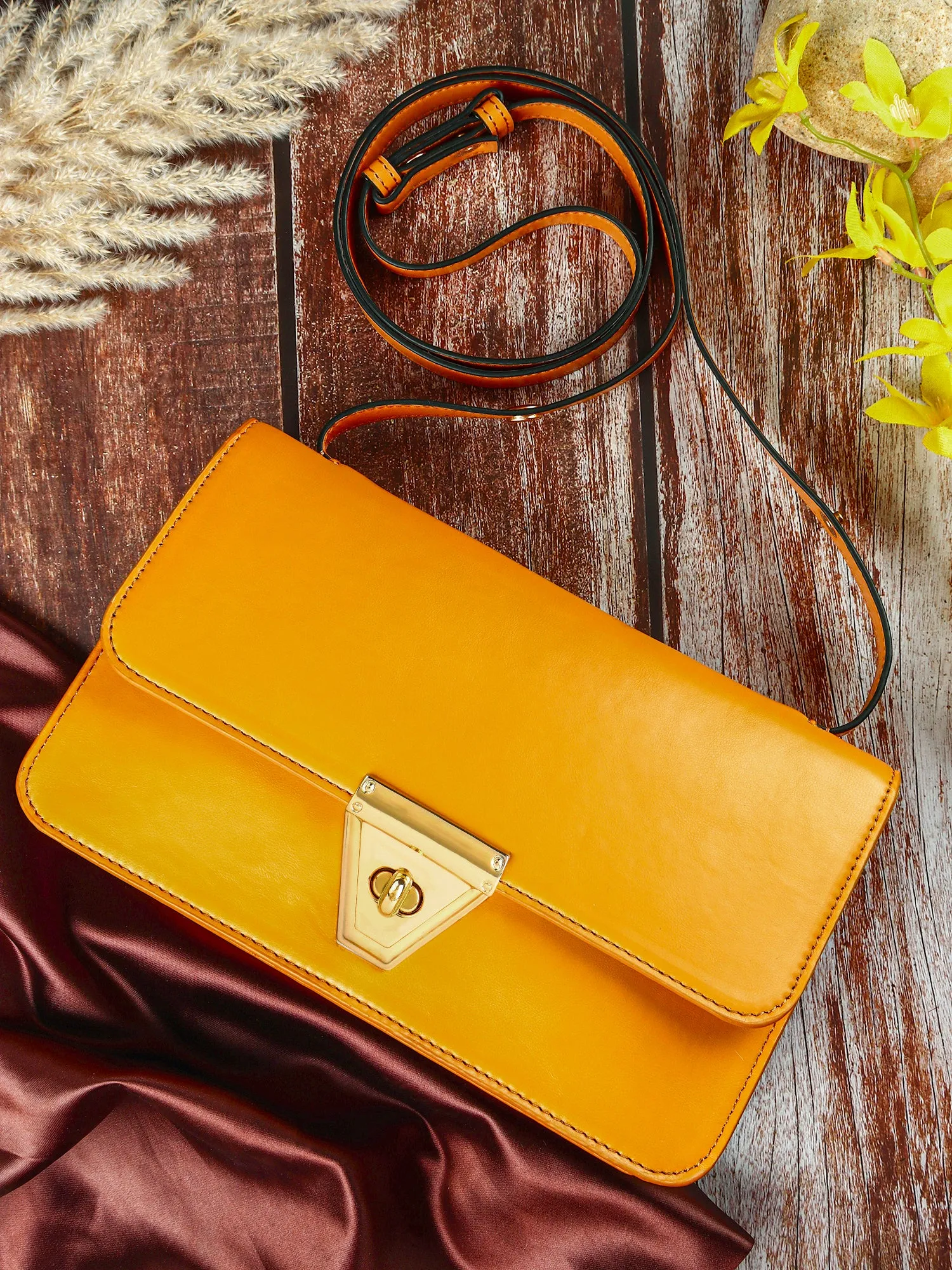 Berrylush Women Solid Yellow PU One-Handle Push Lock Embellished Shoulder/Sling Bag