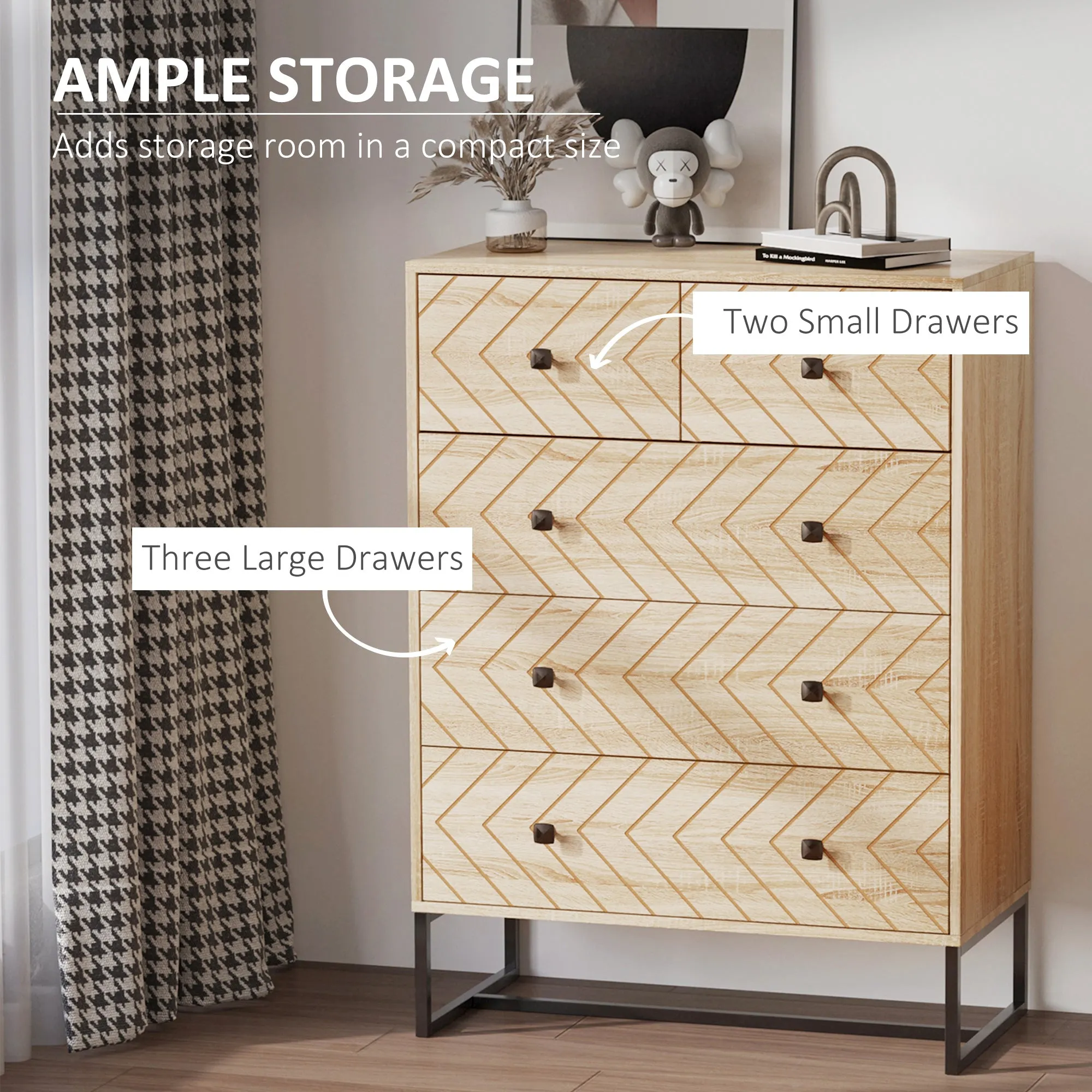 Chest Of 5 Drawers Storage Unit Zig Zag Design w/ Black Metal Handles
