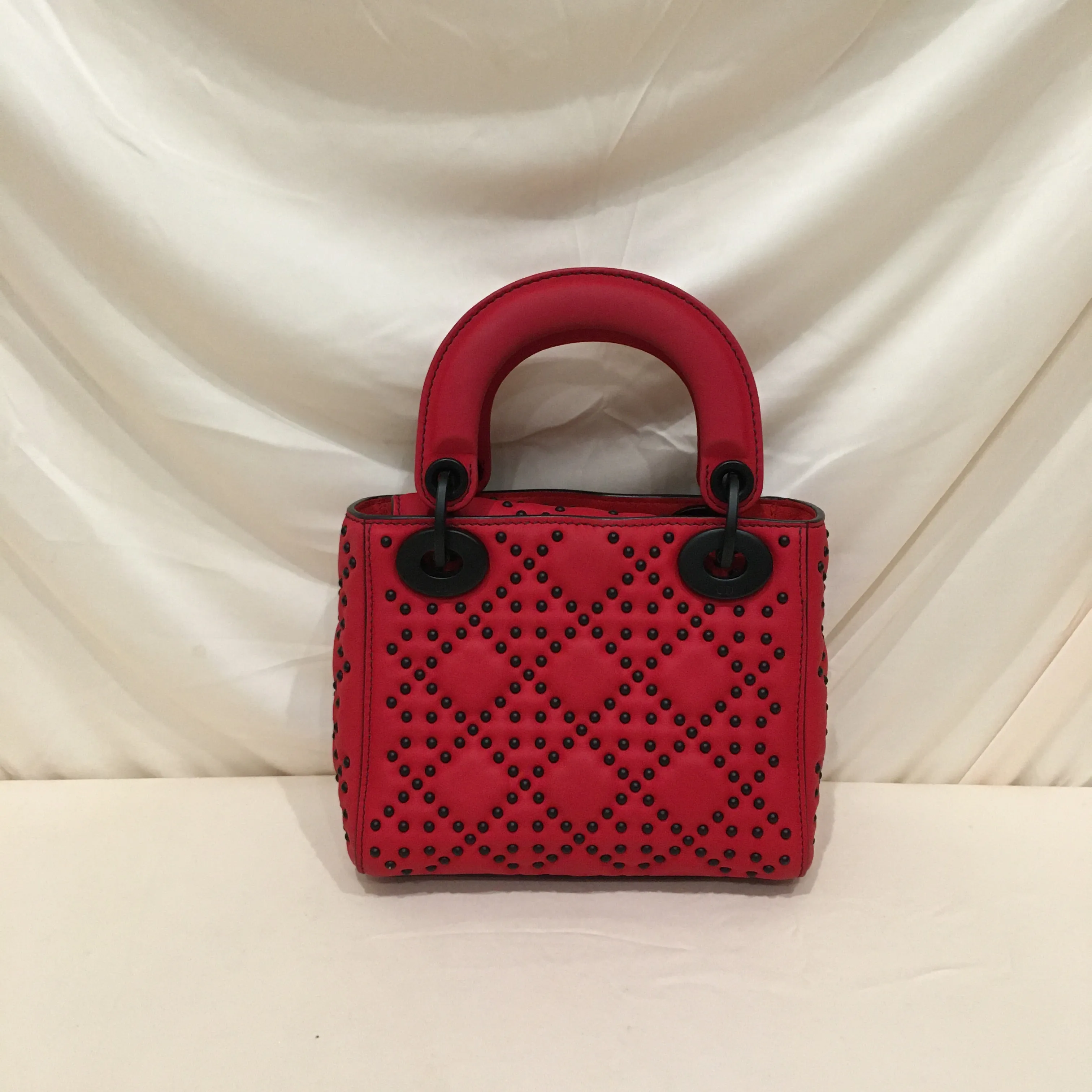 CHRISTIAN DIOR Dior Red Leather Stud Mini Black Hardware Lady Dior Shoulder Bag Sku# 75889