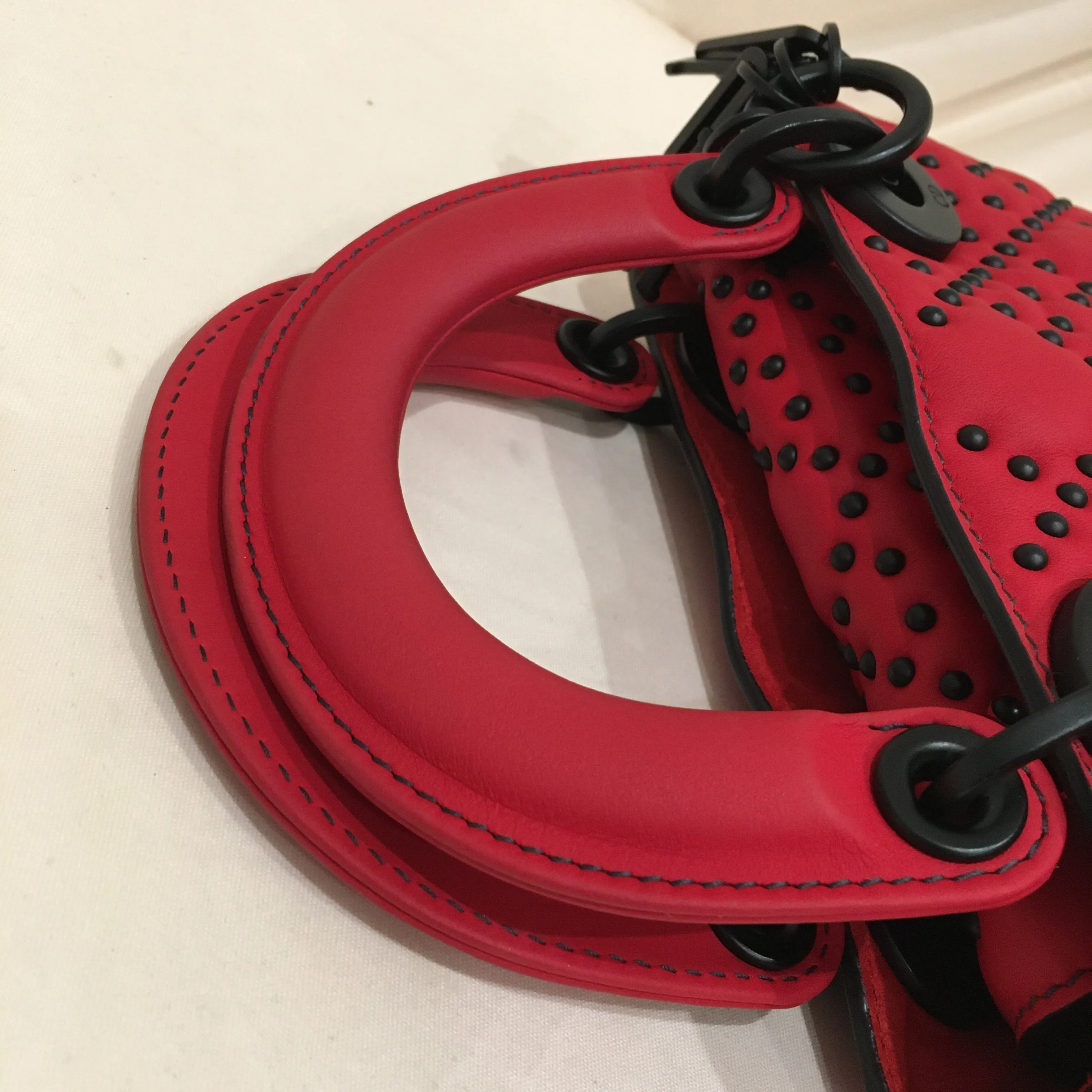 CHRISTIAN DIOR Dior Red Leather Stud Mini Black Hardware Lady Dior Shoulder Bag Sku# 75889