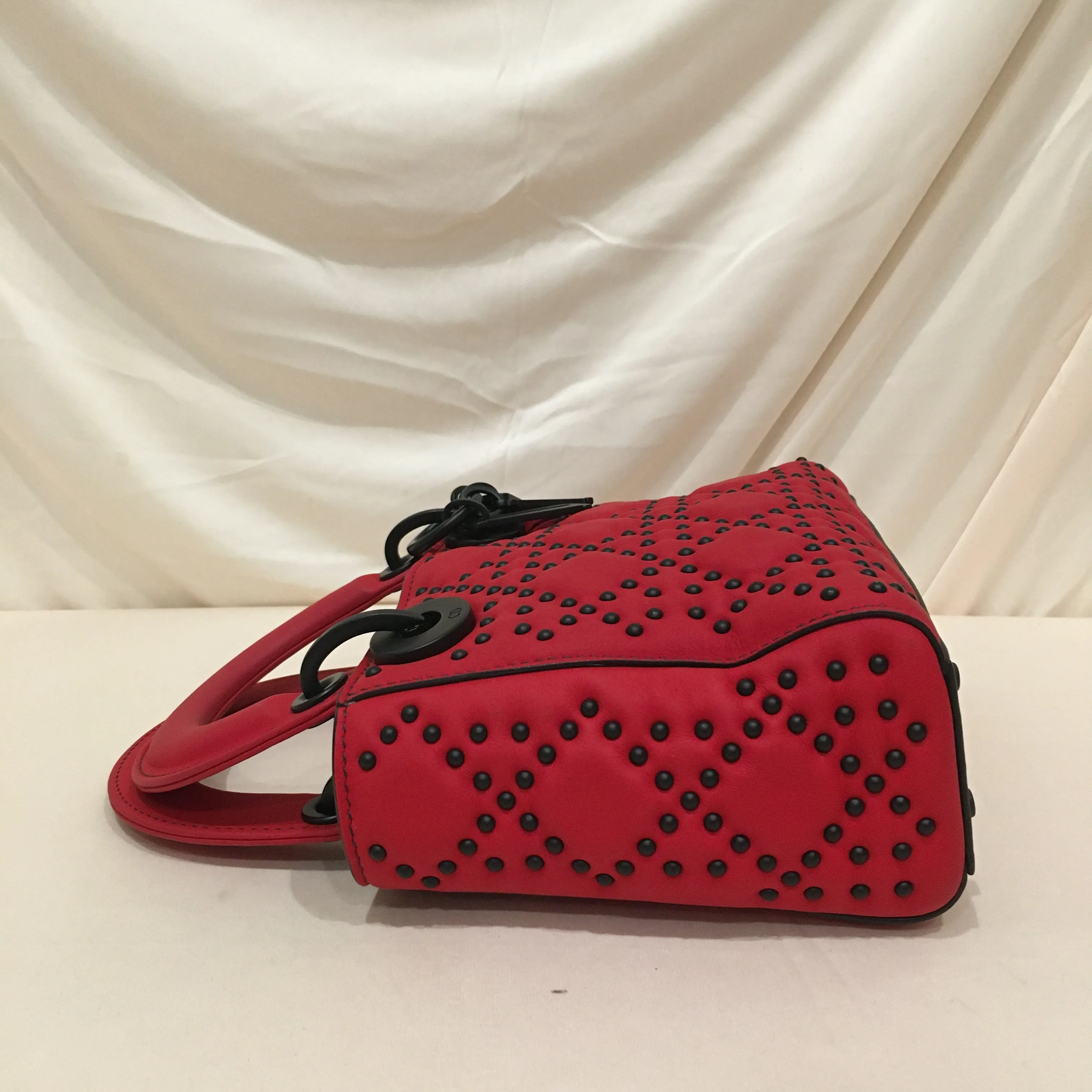 CHRISTIAN DIOR Dior Red Leather Stud Mini Black Hardware Lady Dior Shoulder Bag Sku# 75889