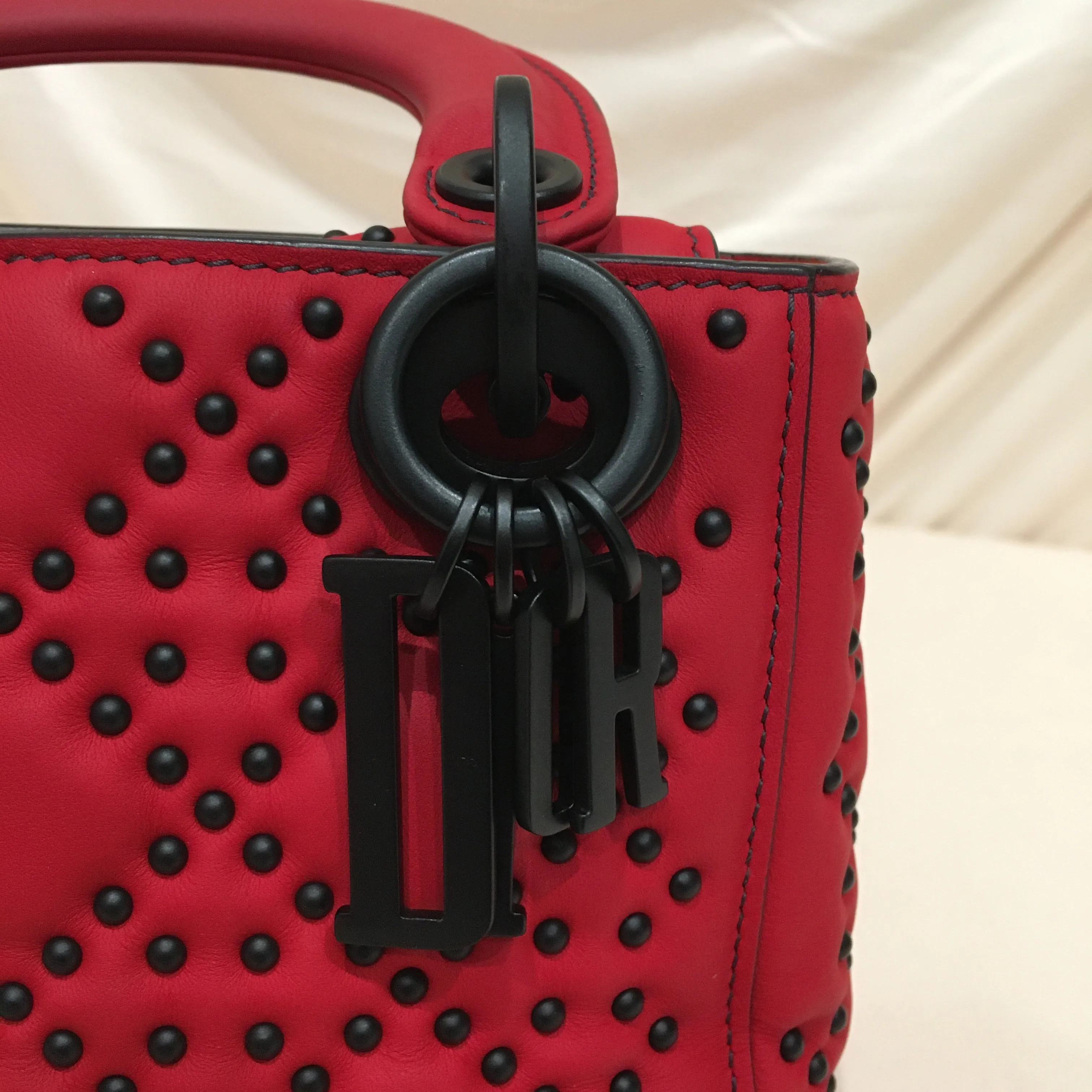 CHRISTIAN DIOR Dior Red Leather Stud Mini Black Hardware Lady Dior Shoulder Bag Sku# 75889