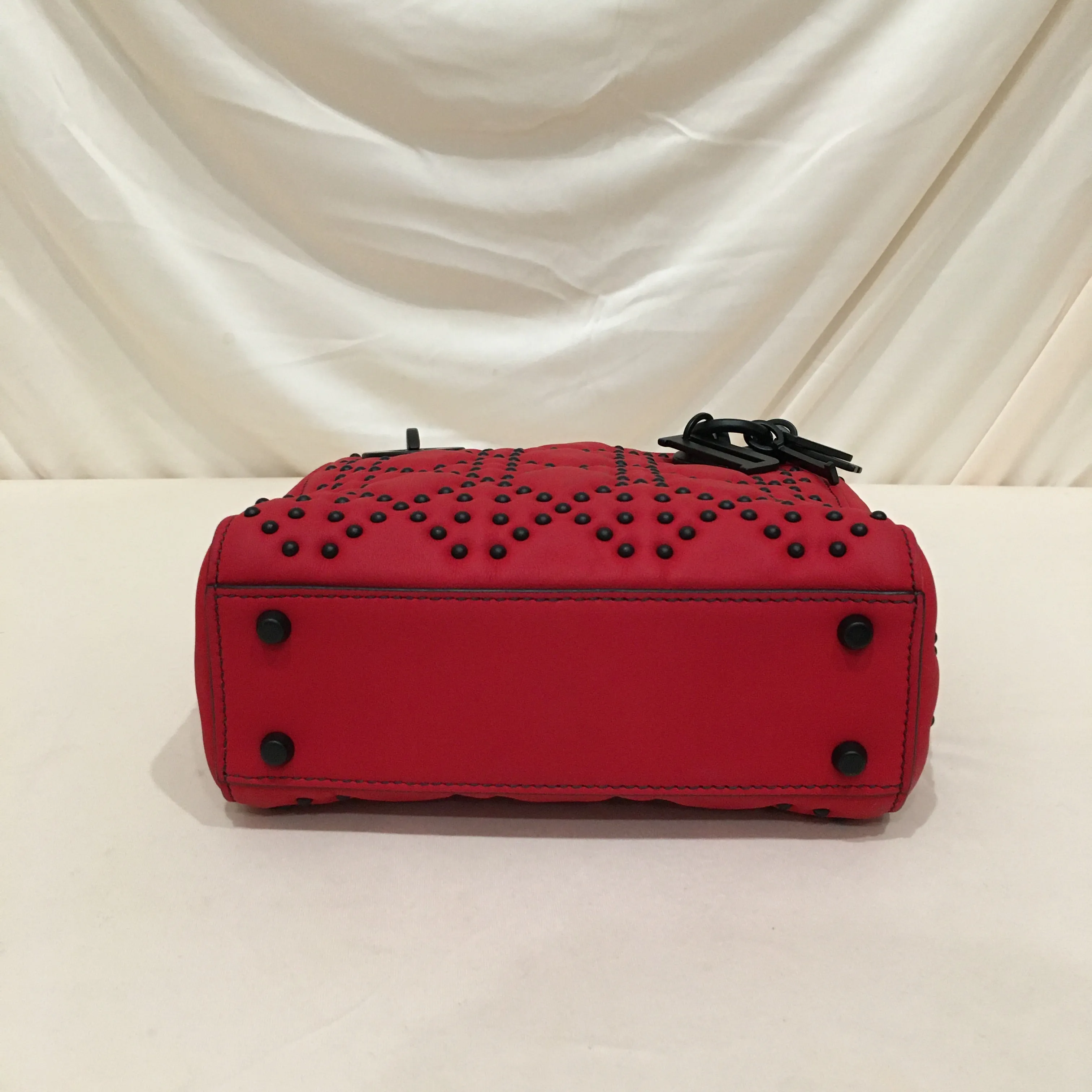 CHRISTIAN DIOR Dior Red Leather Stud Mini Black Hardware Lady Dior Shoulder Bag Sku# 75889