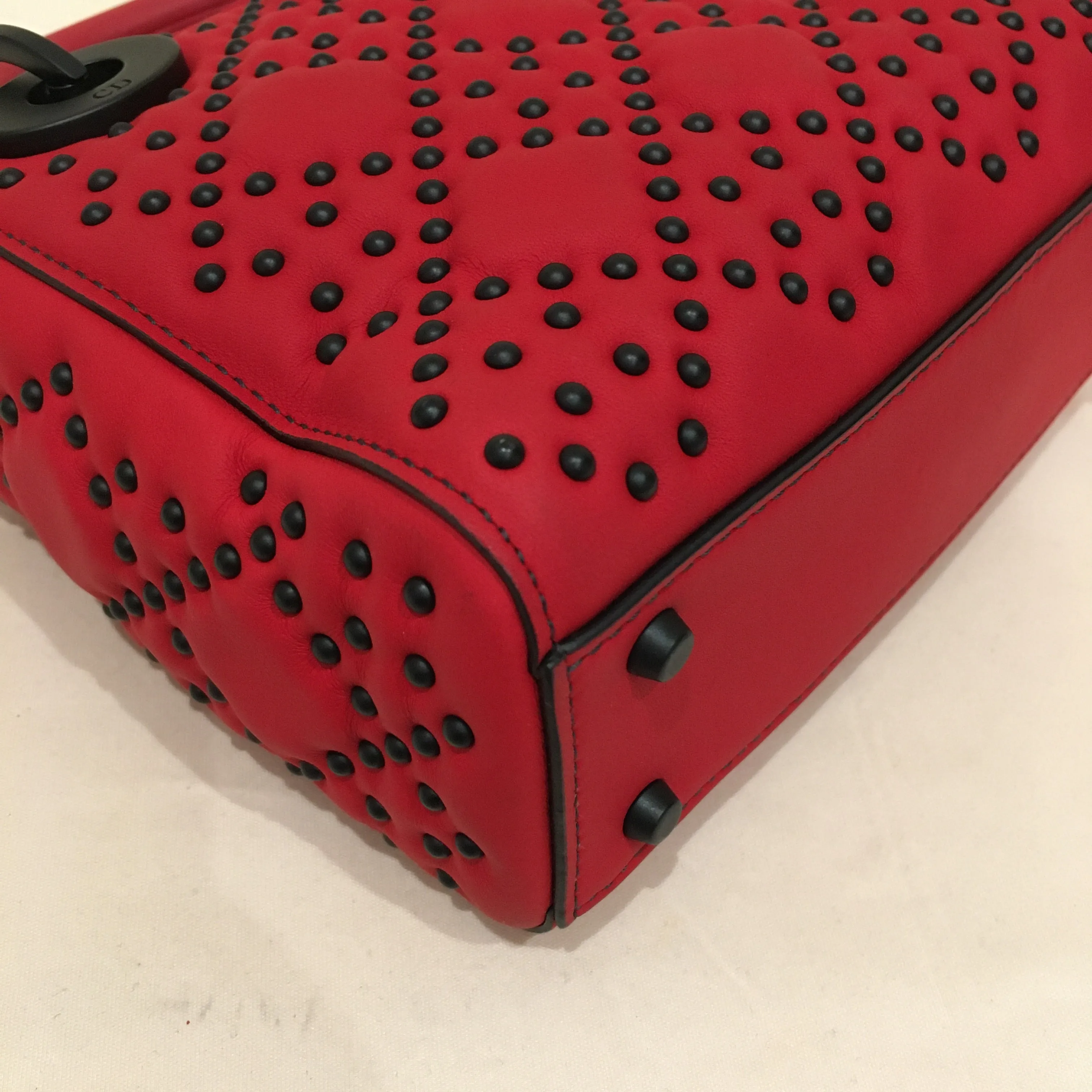 CHRISTIAN DIOR Dior Red Leather Stud Mini Black Hardware Lady Dior Shoulder Bag Sku# 75889