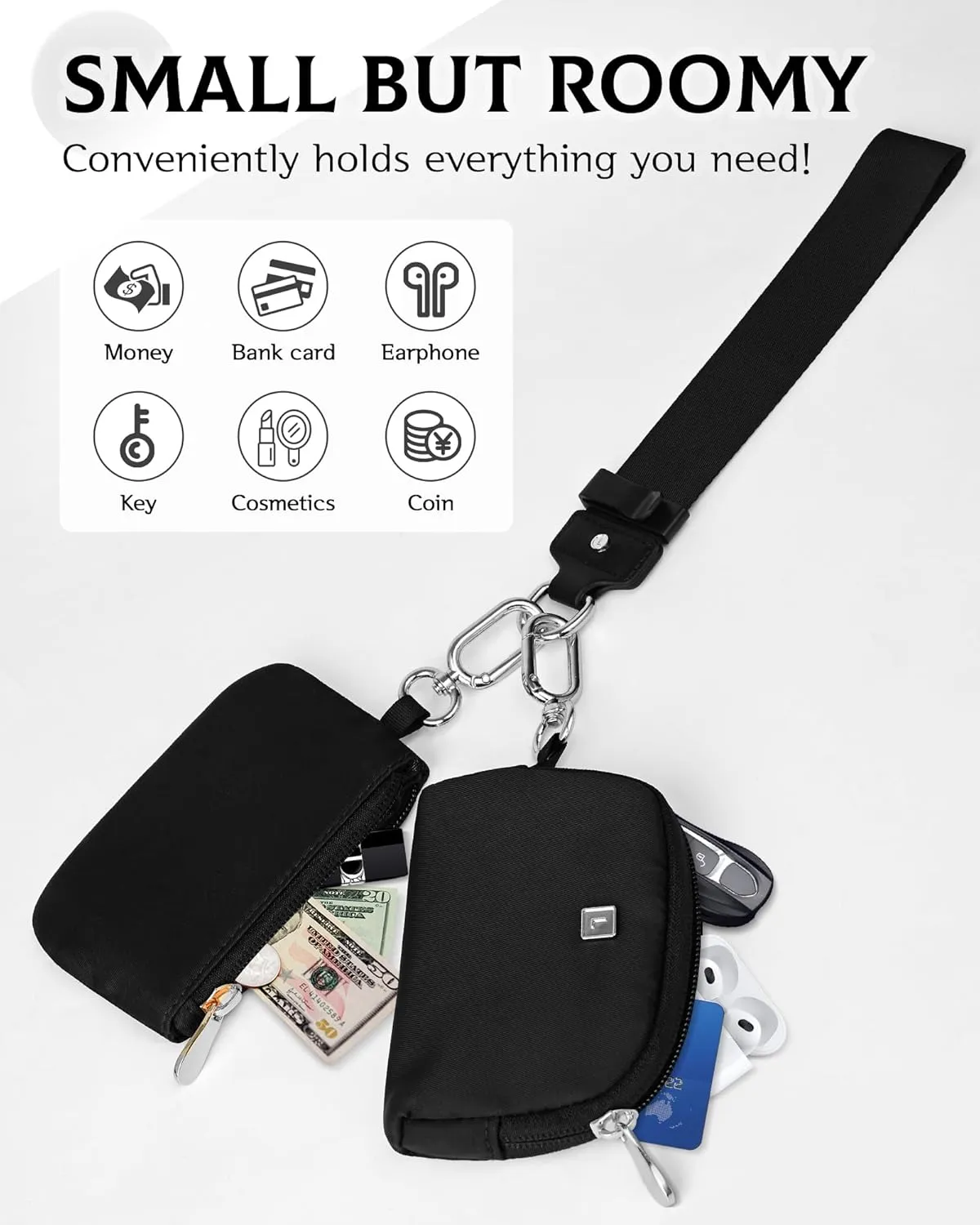 Dual Pouch Wristlet Wallet, Portable Keychain Wallet for Women and Men, Mini Zip Around Coin Purse Pocket Card Holder(Black Black)