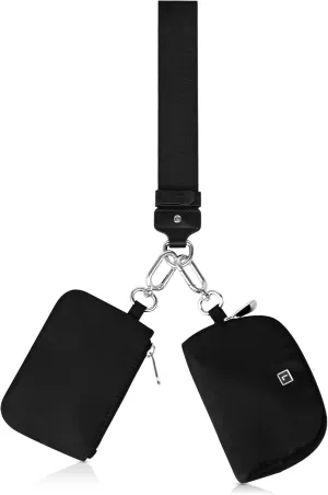 Dual Pouch Wristlet Wallet, Portable Keychain Wallet for Women and Men, Mini Zip Around Coin Purse Pocket Card Holder(Black Black)