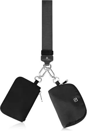 Dual Pouch Wristlet Wallet, Portable Keychain Wallet for Women and Men, Mini Zip Around Coin Purse Pocket Card Holder(Black Grey)