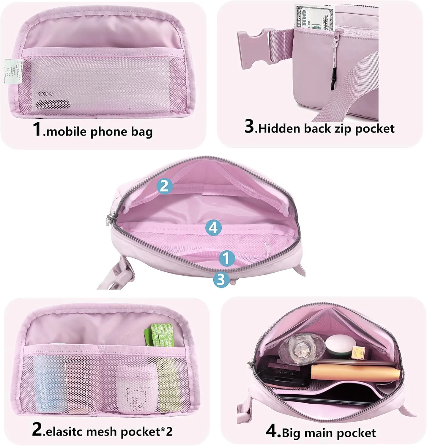 Fanny Belt Bag Waist Pack Crossbody Bags Bum Bag for Running Hiking Travel Workout Adjustable Strap for Women-Lavender