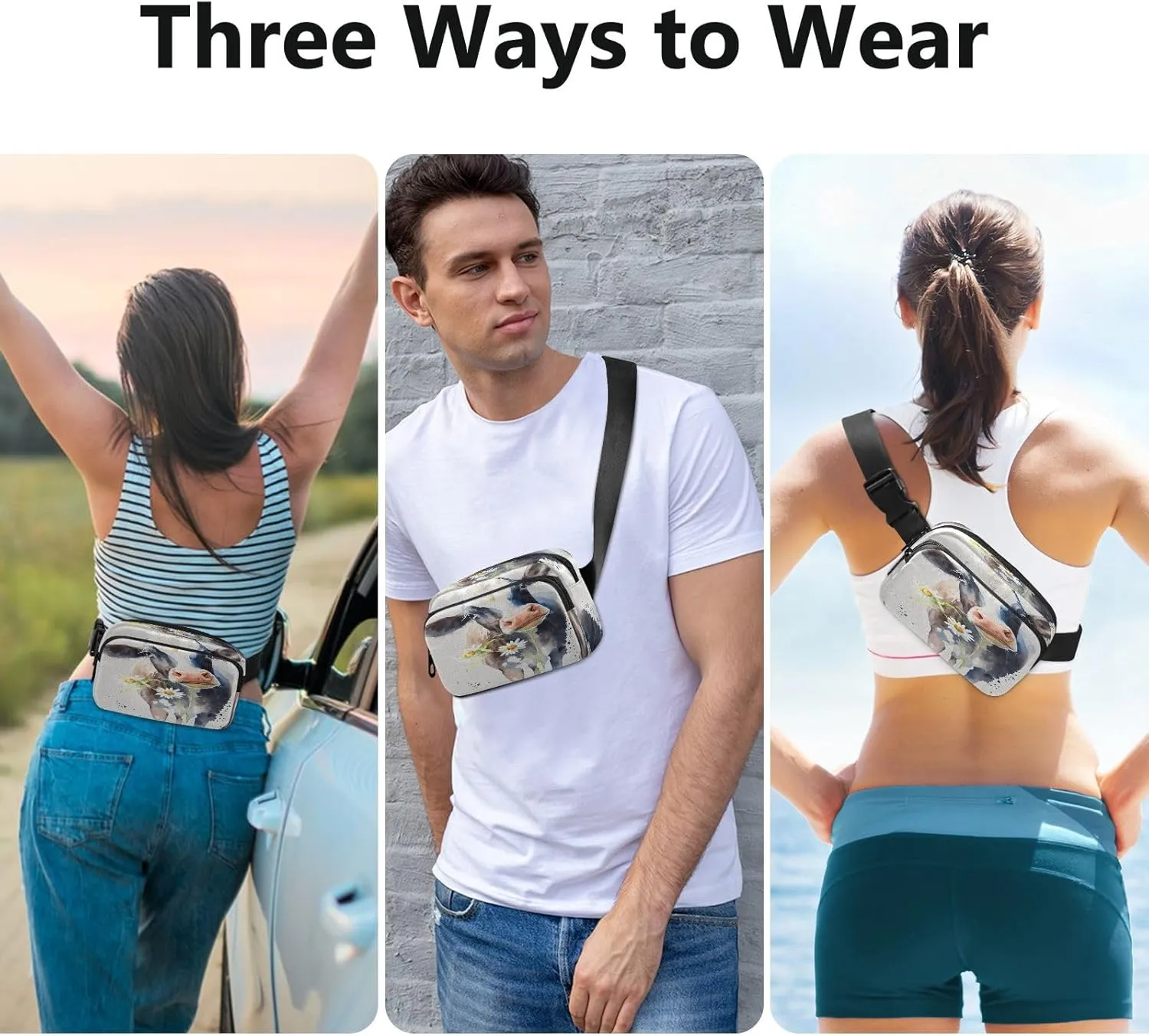 Fanny Packs for Women Men Cow with A Daisy Flower Belt Bag Waterproof Fashion Waist Pack with Adjustable Strap Watercolor Animal Waist Bag Hip Bumbags for Running Workout Travel Hiking Cycling