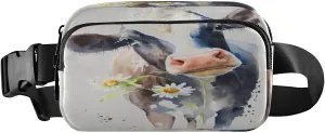 Fanny Packs for Women Men Cow with A Daisy Flower Belt Bag Waterproof Fashion Waist Pack with Adjustable Strap Watercolor Animal Waist Bag Hip Bumbags for Running Workout Travel Hiking Cycling