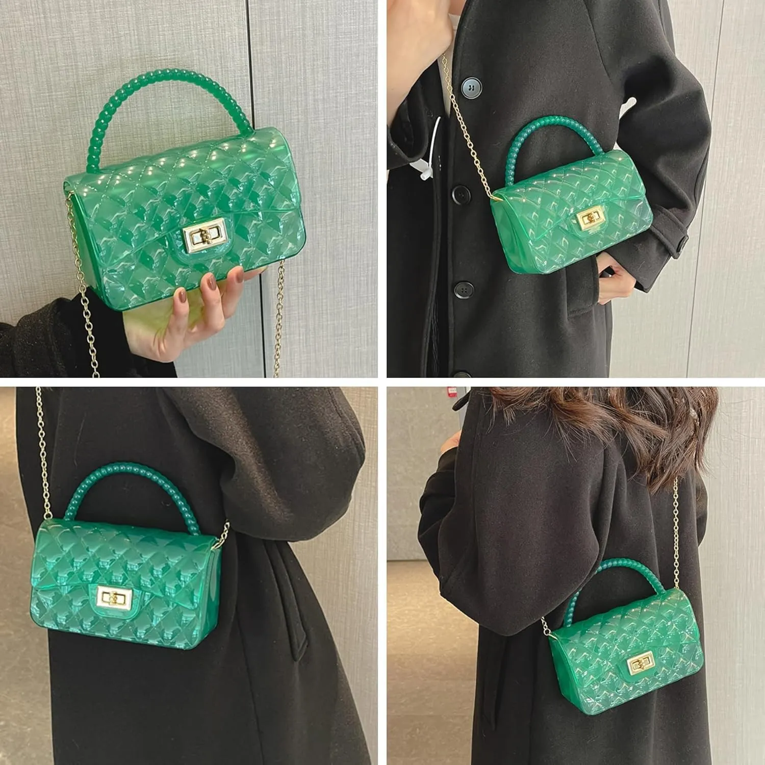 Fashion Candy Color Jelly Crossbody Bag for Women Girls Transparent Satchel Shoulder Handbag with Beaded Top Handle