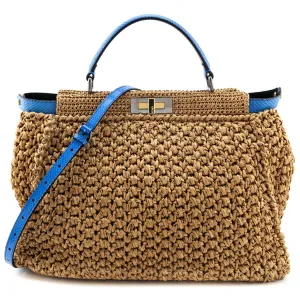 Fendi Beige Raffia & Blue Snakeskin Large Peekaboo Bag