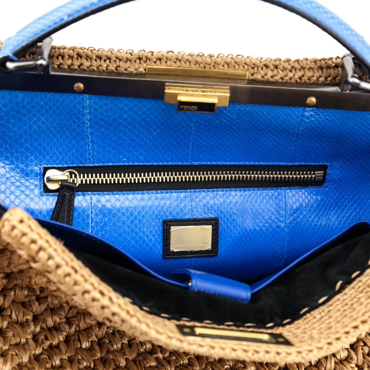 Fendi Beige Raffia & Blue Snakeskin Large Peekaboo Bag