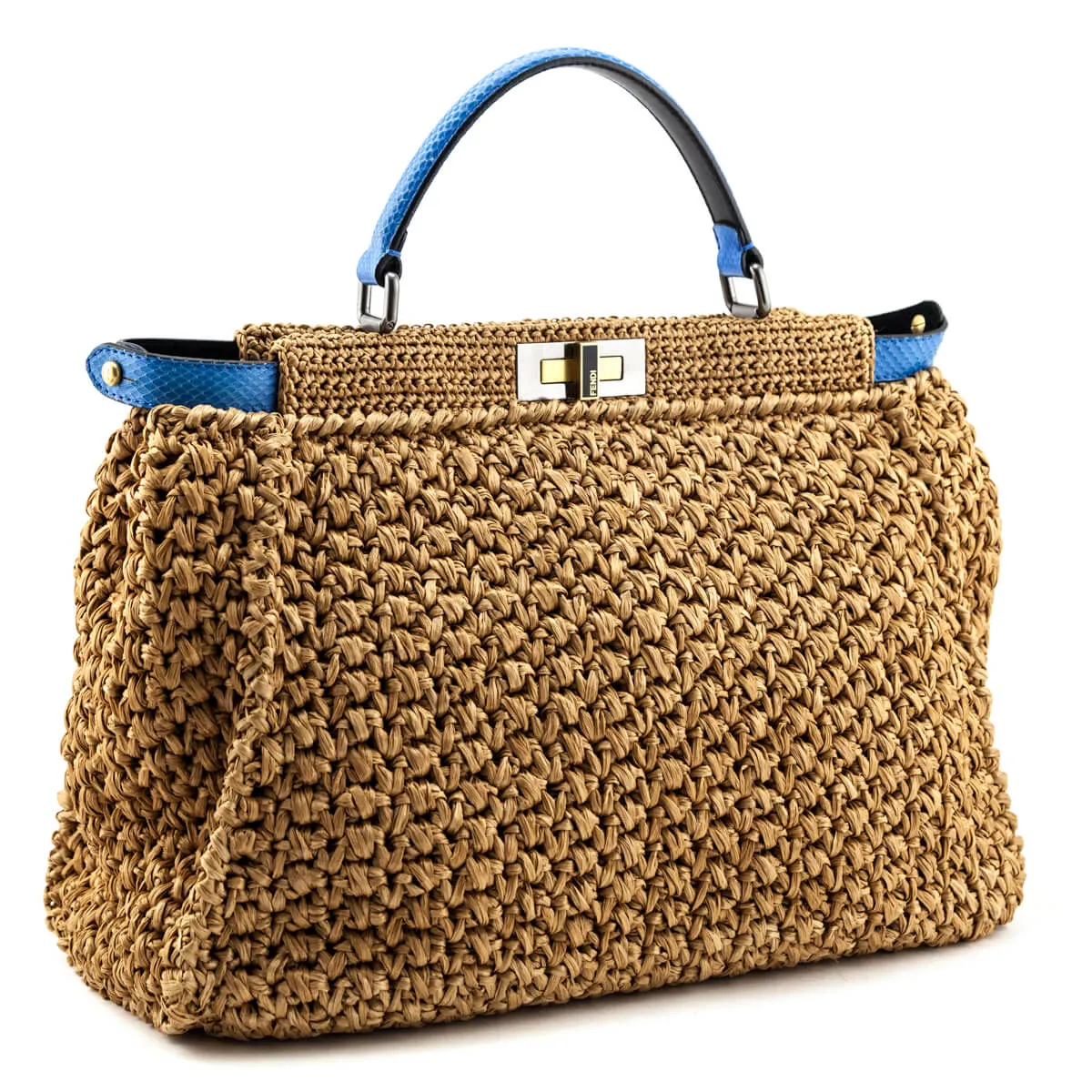 Fendi Beige Raffia & Blue Snakeskin Large Peekaboo Bag