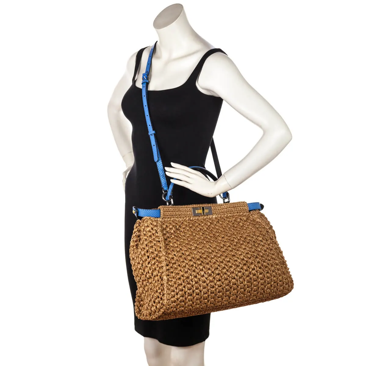 Fendi Beige Raffia & Blue Snakeskin Large Peekaboo Bag