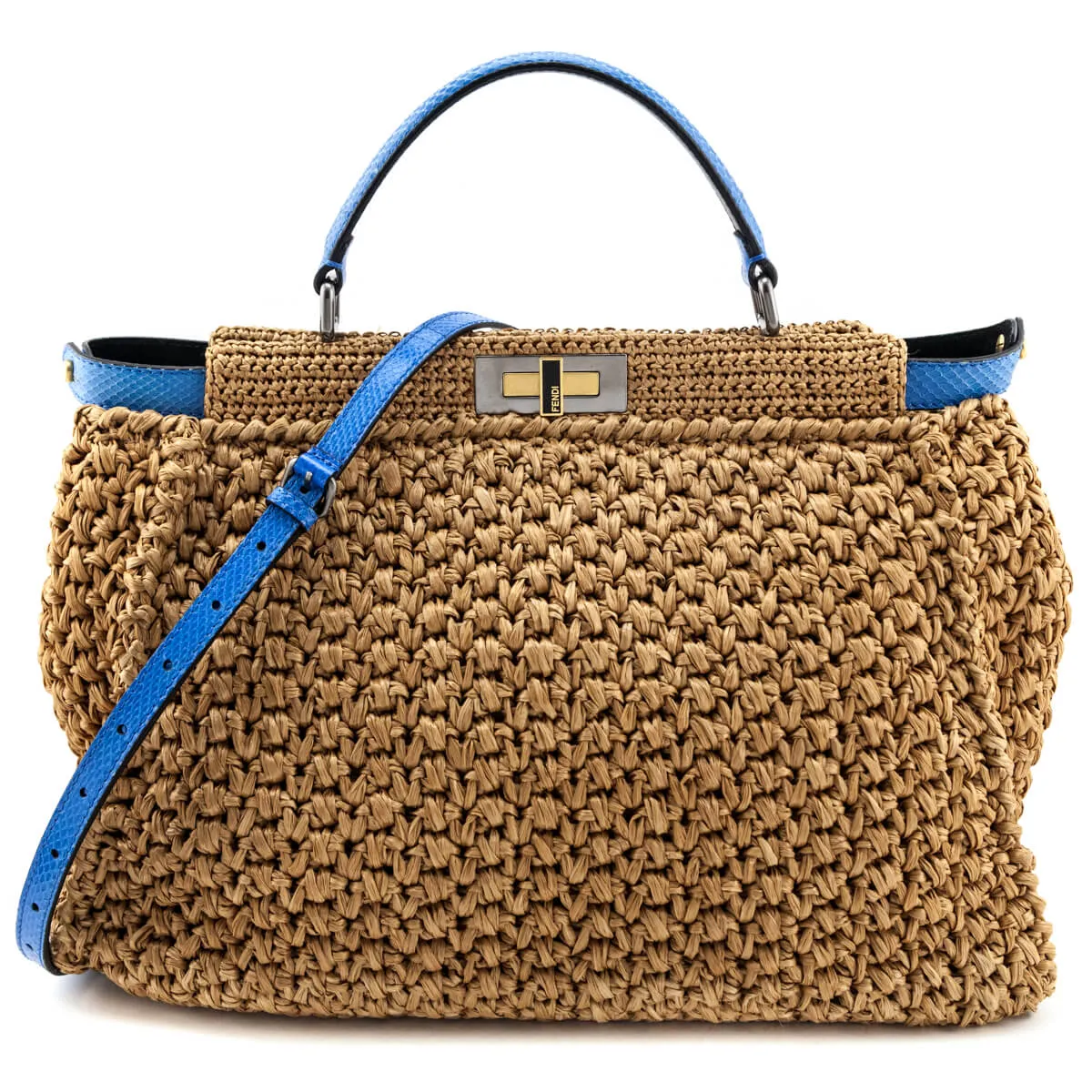 Fendi Beige Raffia & Blue Snakeskin Large Peekaboo Bag