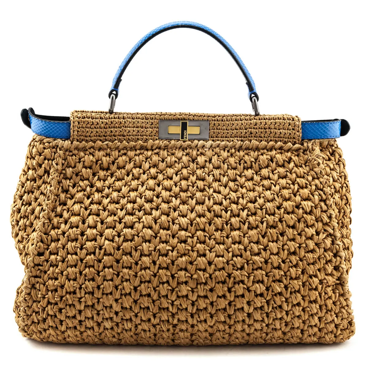 Fendi Beige Raffia & Blue Snakeskin Large Peekaboo Bag