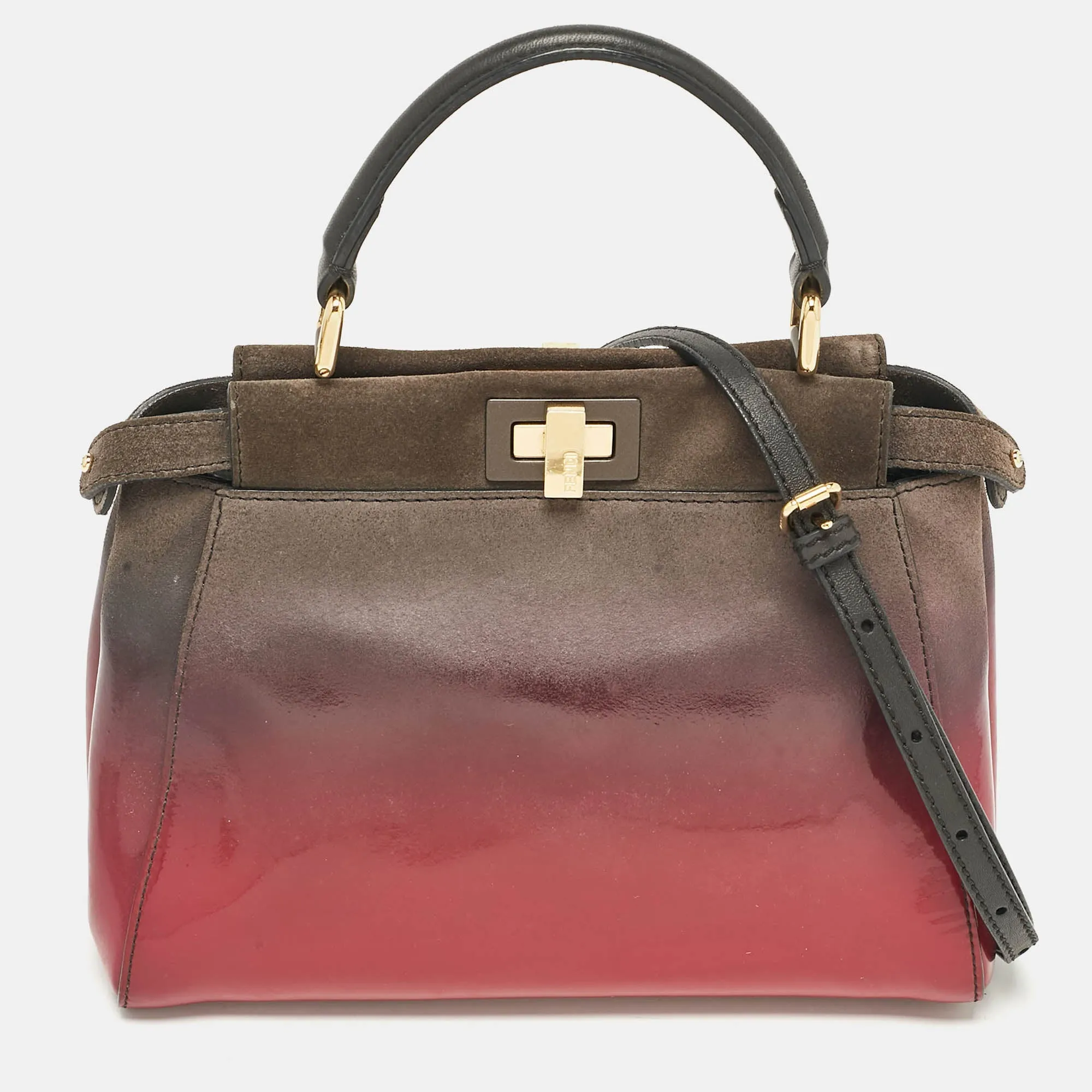 Fendi Ombre Grey/pink Patent Leather And Suede Mini Peekaboo Top Handle Bag