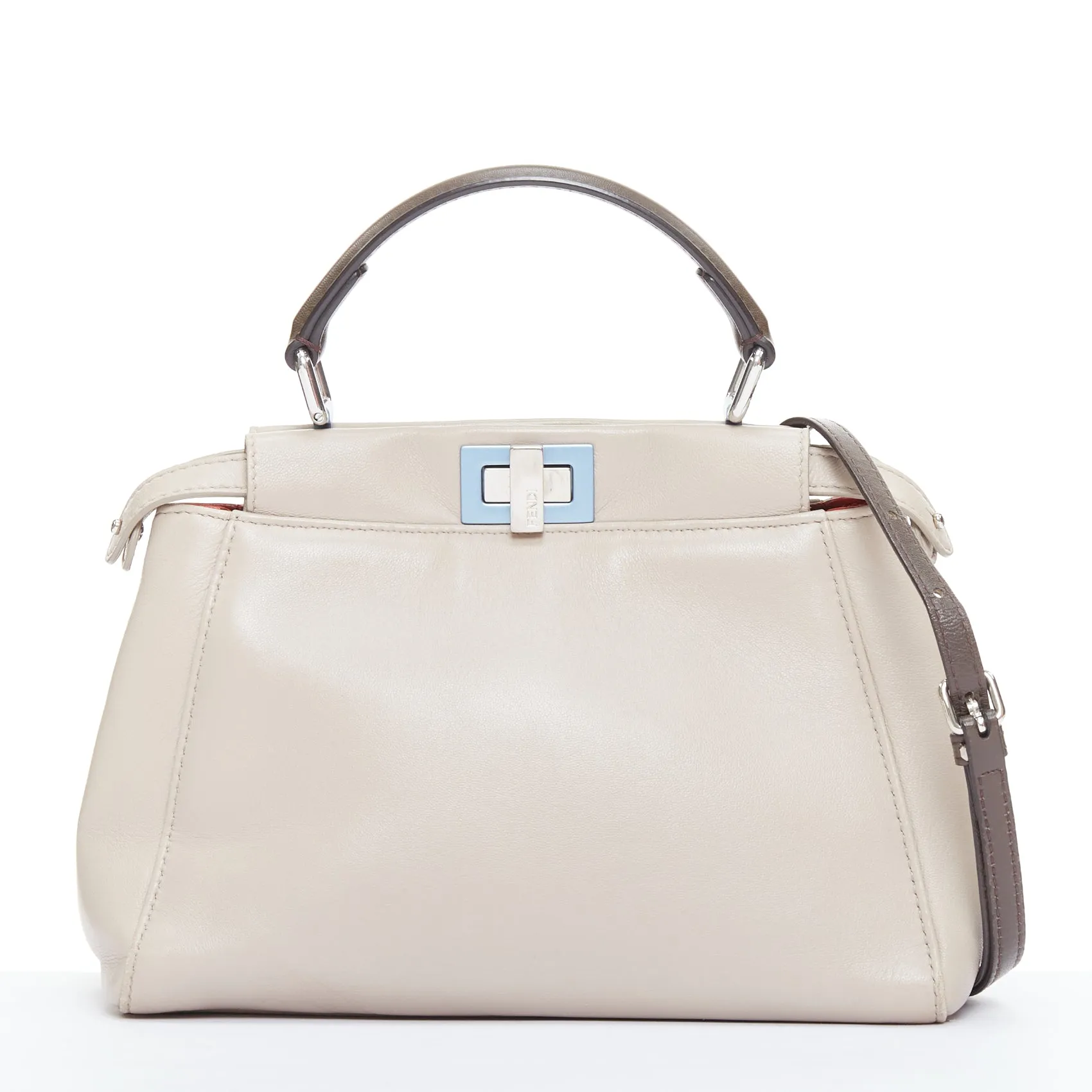 FENDI Peekaboo beige smooth leather blue steel details turnlock crossbody bag