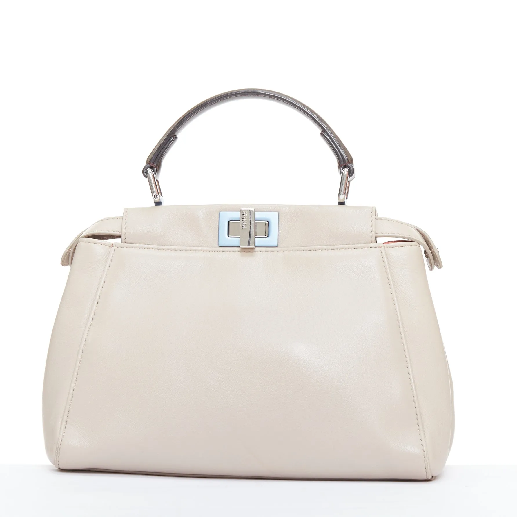 FENDI Peekaboo beige smooth leather blue steel details turnlock crossbody bag