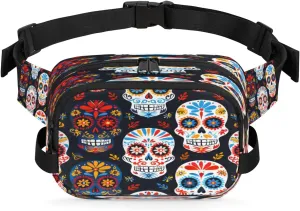 Flower Sugar Skeleton Fanny Packs Belt Bag Skull Waist Pack Crossbody Bag for Women Man Hip Bum Bags with Adjustable Strap for Outdoors Workout Casual Traveling Running Hiking Cycling