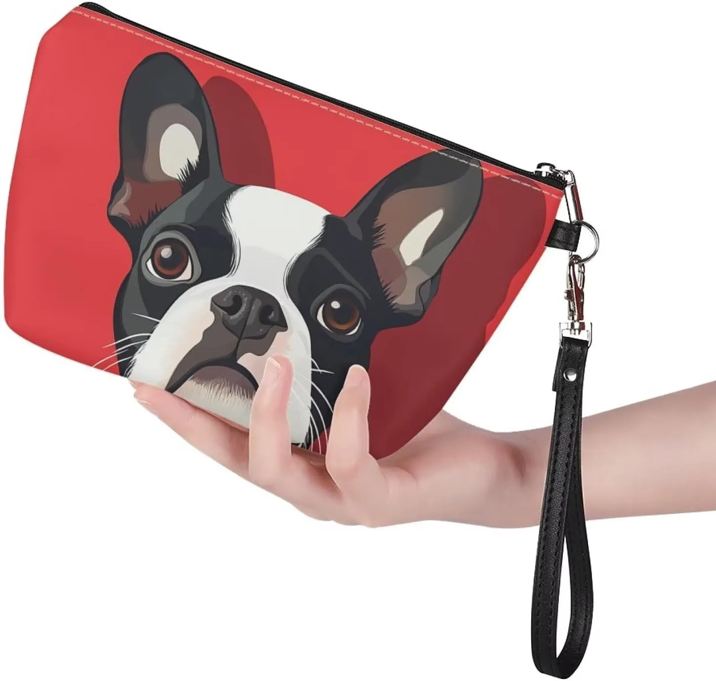HUGS IDEA Boston Terrier Makeup Bag Cosmetic Travel Carrying Case Toiletry Pouch with Zipper PU Leather Toiletry Bag Luggage Accessories Portable Travel Accessories Organizer Storage