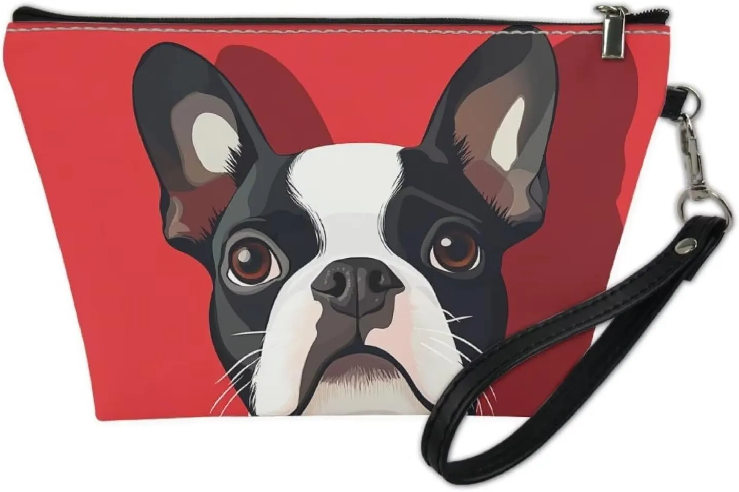 HUGS IDEA Boston Terrier Makeup Bag Cosmetic Travel Carrying Case Toiletry Pouch with Zipper PU Leather Toiletry Bag Luggage Accessories Portable Travel Accessories Organizer Storage