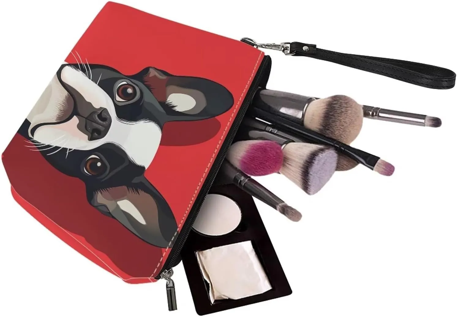 HUGS IDEA Boston Terrier Makeup Bag Cosmetic Travel Carrying Case Toiletry Pouch with Zipper PU Leather Toiletry Bag Luggage Accessories Portable Travel Accessories Organizer Storage