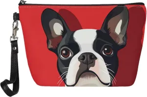 HUGS IDEA Boston Terrier Makeup Bag Cosmetic Travel Carrying Case Toiletry Pouch with Zipper PU Leather Toiletry Bag Luggage Accessories Portable Travel Accessories Organizer Storage