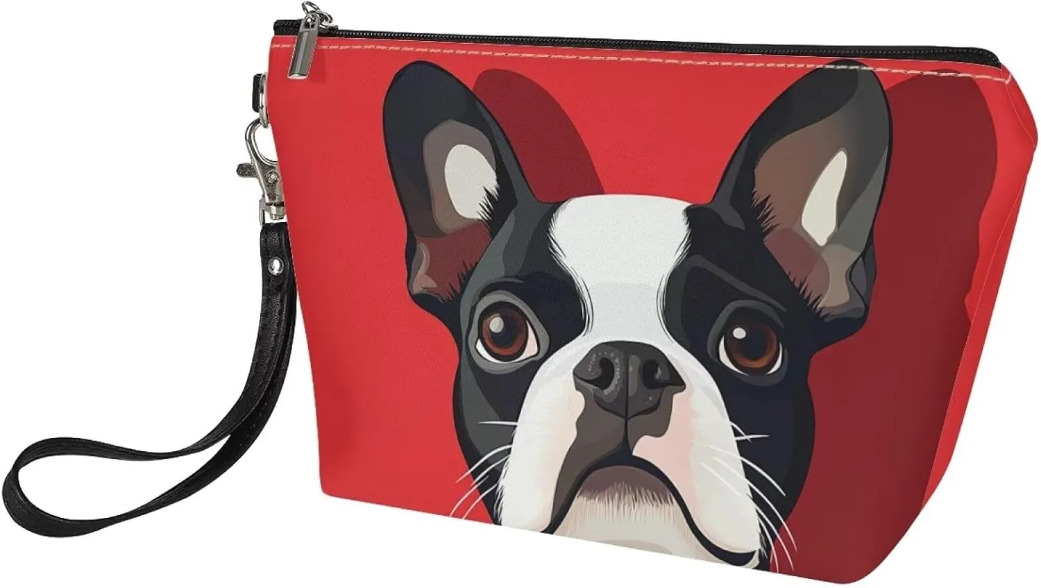HUGS IDEA Boston Terrier Makeup Bag Cosmetic Travel Carrying Case Toiletry Pouch with Zipper PU Leather Toiletry Bag Luggage Accessories Portable Travel Accessories Organizer Storage