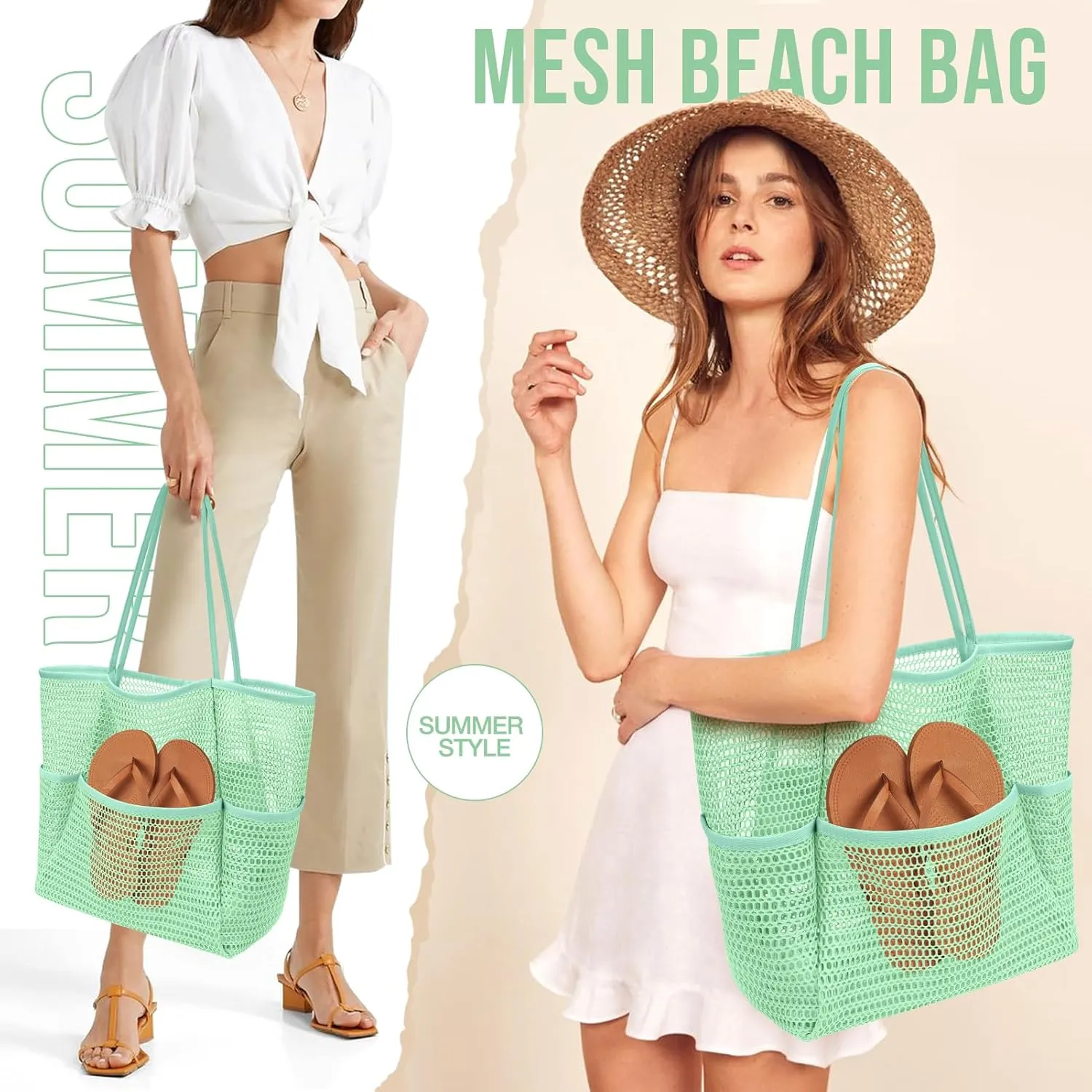 KPX Beach Bag with Mini Pocket, Beach Tote Bags for Women Large Foldable Mesh Swimming Pool Travel Bags - Sandproof