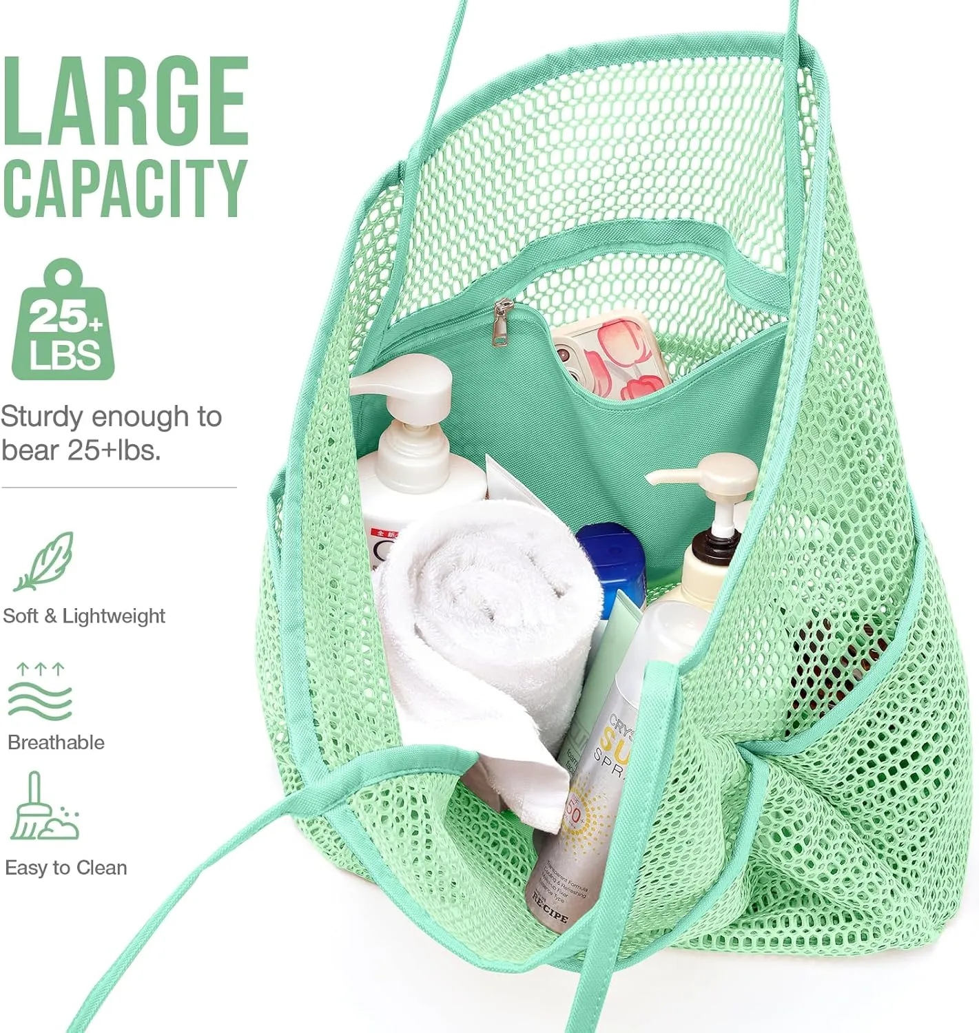 KPX Beach Bag with Mini Pocket, Beach Tote Bags for Women Large Foldable Mesh Swimming Pool Travel Bags - Sandproof