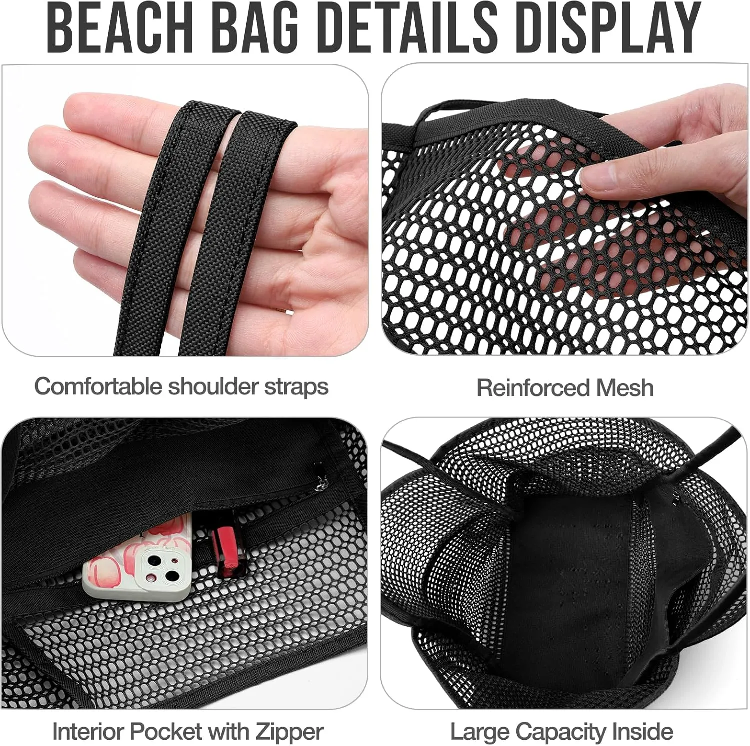 KPX Beach Bag with Mini Pocket, Beach Tote Bags for Women Large Foldable Mesh Swimming Pool Travel Bags - Sandproof