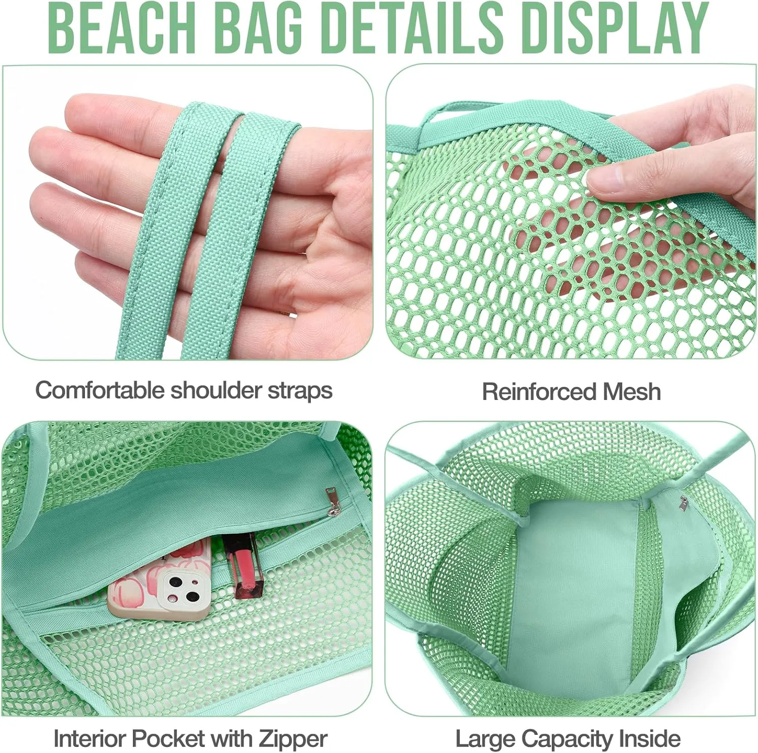 KPX Beach Bag with Mini Pocket, Beach Tote Bags for Women Large Foldable Mesh Swimming Pool Travel Bags - Sandproof